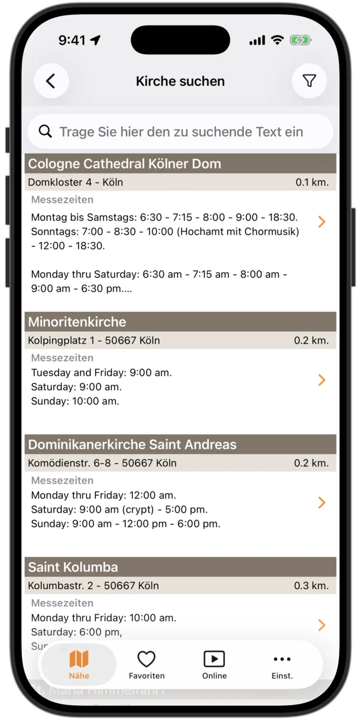 Heilige Messe Zeiten App - Liste der nächsten katholischen Kirchen